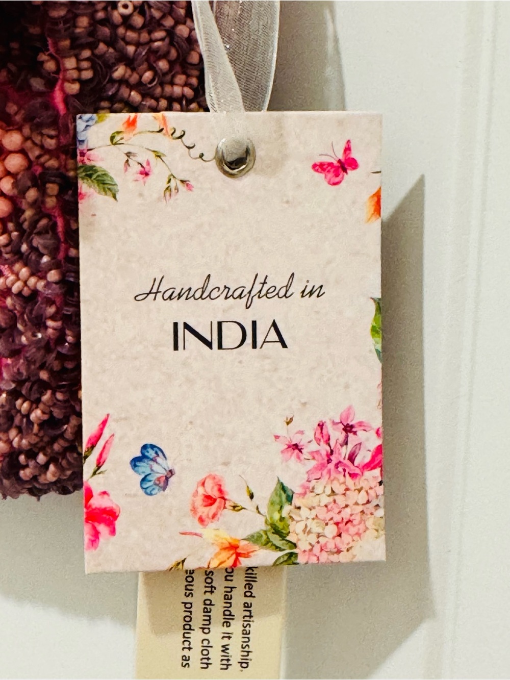 NWT Handmade in India Pink Floral Beaded Shoulder Bag with Detachable Charm - Picture 9 of 16